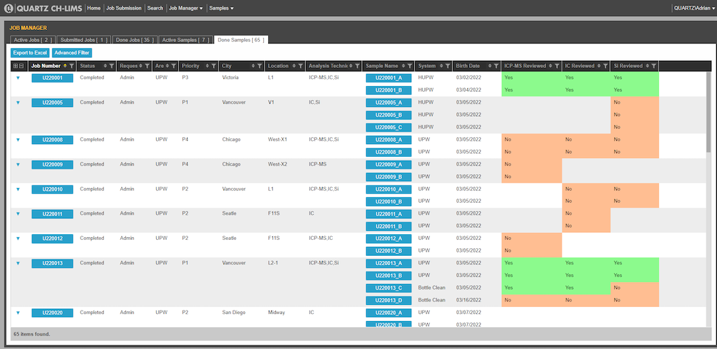 Quartz CH-LIMS Job Manager screen